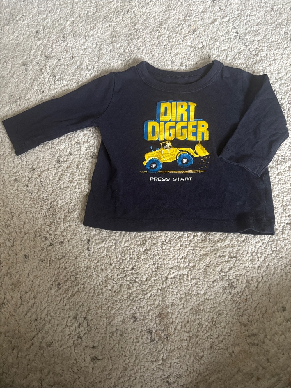 Oshkosh 9 Month "Dirt Digger" Navy Long Sleeve Tee with Yellow Truck Graphic